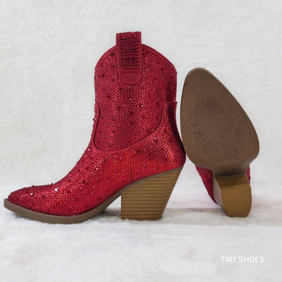 Dolly Red Rhinestone Glitter Disco Cowgirl Country Western Ankle Boots - Picture 3 of 11
